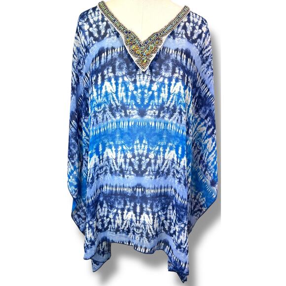 Soleillee Women’s V- Neck Bead Embellished Lightweight Sheer Kaftan Tunic 3X - Picture 2 of 13